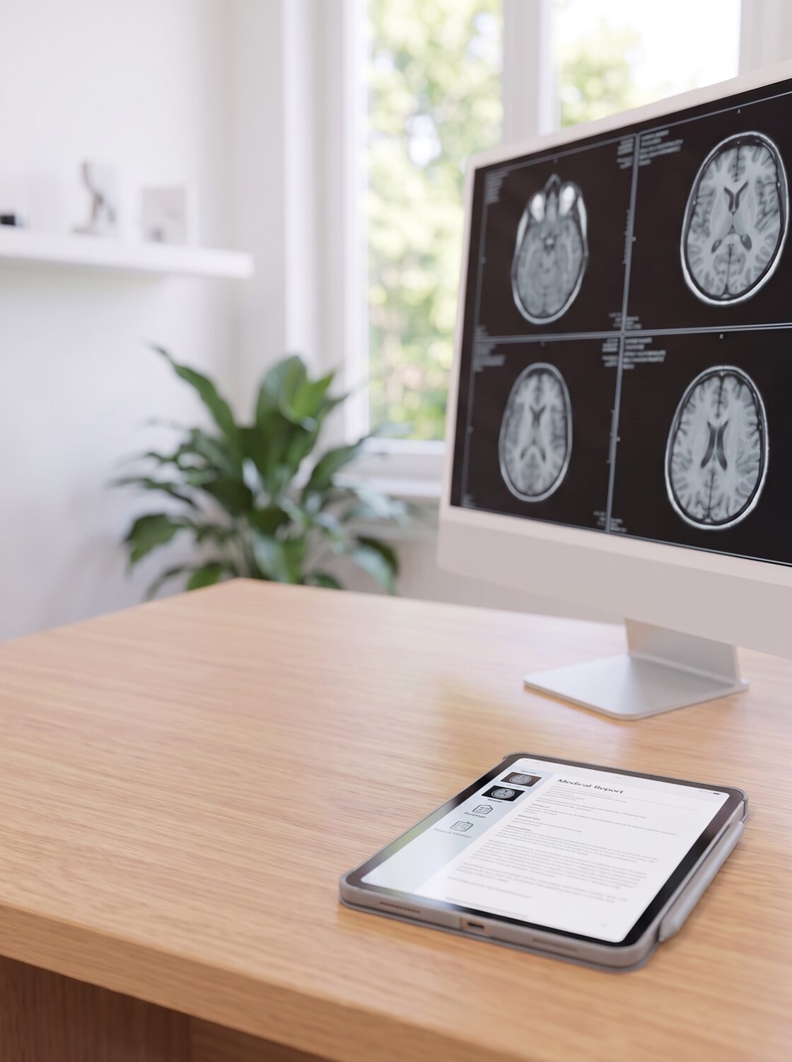 Befundmonitor mit radiologischen Schnittbildern an einem hellen Arbeitsplatz, daneben ein Tablet mit Befundtext.
